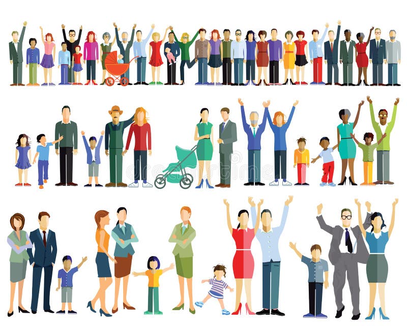 Rows of colorful people and families waving on white background. Rows of colorful people and families waving on white background.