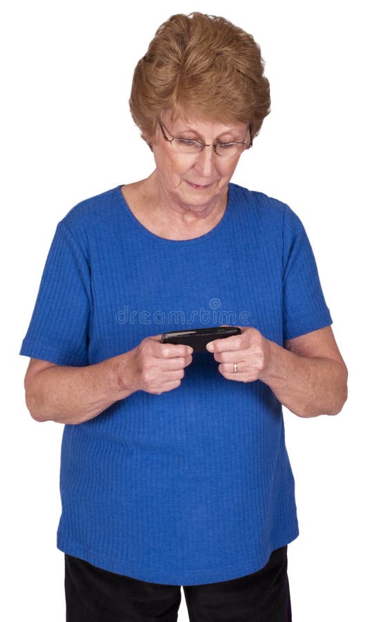 Rijpe Hogere Vrouw Texting op Geïsoleerden de Telefoon van de Cel royalty-vrije stock foto Rijpe Hogere Vrouw Texting op Geïsoleerden de Telefoon van de Cel royalty-vrije stock foto
