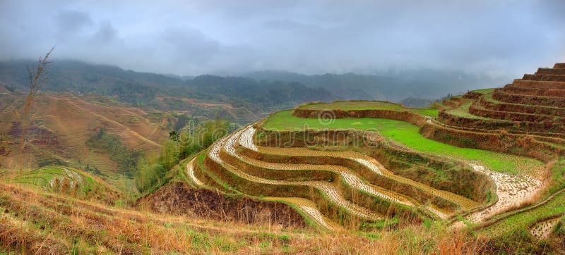 Rijstterrassen, Dazhai, dichtbij Longsheng, Guangxi, China. Yaodorp Dazhai, Longsheng, Guanxi-provincie, Zuid-China. Guilin royalty-vrije stock fotografie Rijstterrassen, Dazhai, dichtbij Longsheng, Guangxi, China. Yaodorp Dazhai, Longsheng, Guanxi-provincie, Zuid-China. Guilin royalty-vrije stock fotografie