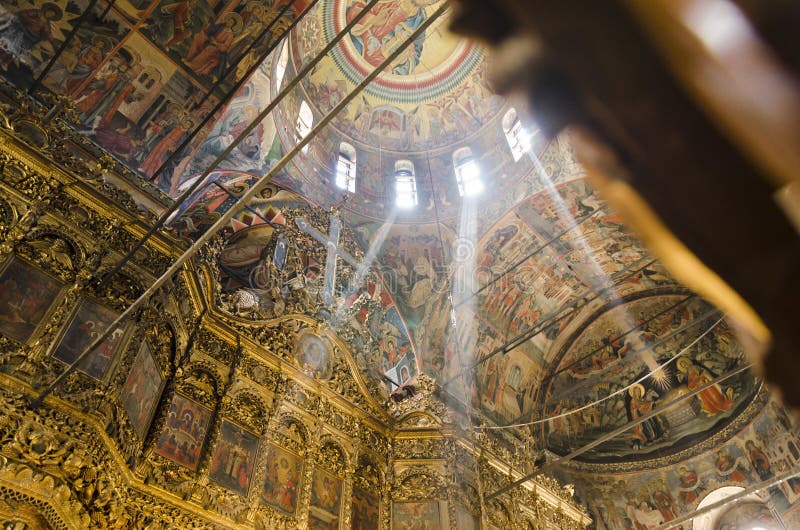 Rila monastery church ceiling paintings interior, historical monastery in Bulgaria
