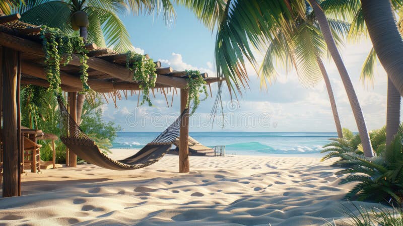 Relax in a tranquil cabana with hammocks, surrounded by palm trees on a secluded beach. Private retreats. AI generated. Relax in a tranquil cabana with hammocks, surrounded by palm trees on a secluded beach. Private retreats. AI generated