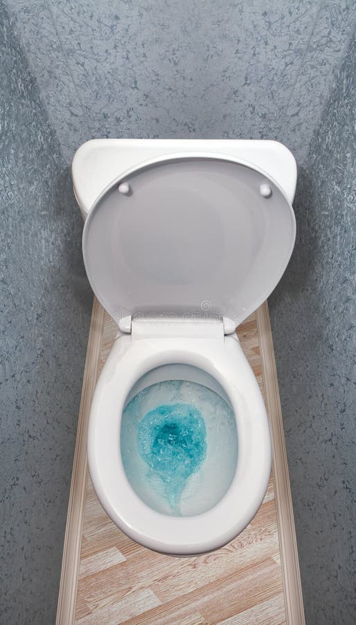 Rinçage D'une Toilette Avec De L'eau Bleu Dans Lui Photo stock - Image du  parfum, vider: 77610530