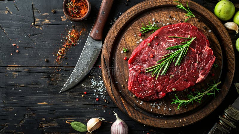 Rind-Steak mit frischen Kräuter und Gewürzen. Dieses rustikale Fotomodell erfasst ein robustes Steak auf einem Holzbrett mit einem lizenzfreie stockbilder