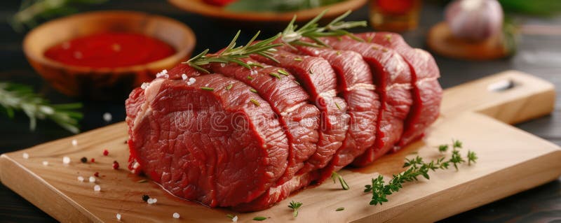 Rinderfilet mit erstklassigem Rost, kulinarischer Genuss geschnitten und bereit für Ihr nächstes kulinarisches Abendessen vektor abbildung