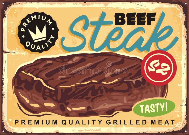 Rindfleischsteak-Weinlesewegweiser mit gegrilltem Fleisch lizenzfreie abbildung