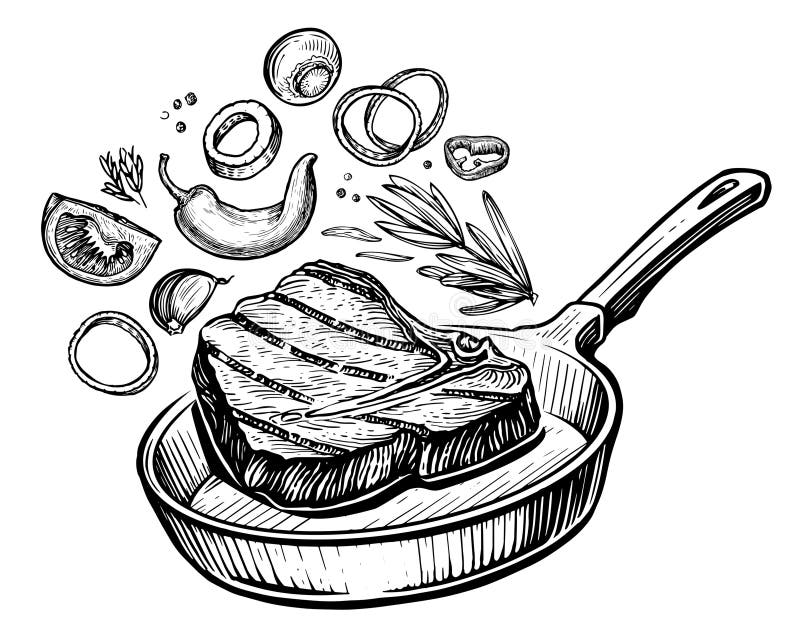 Rindsteak mit Gewürzen und Gemüse in Bratpfanne kochen. Grillabbildungen stock abbildung