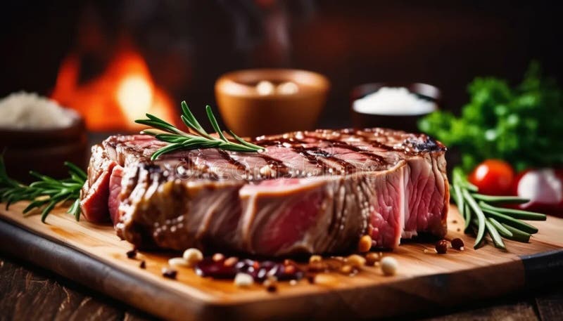 Rindsteak mit Rosmarin. Rindsteak mit Kräutern auf Holzbrett