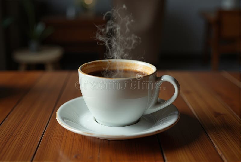 Rinfrescante tazza di caffè su un tavolo di legno in un bar. il vapore della coppa bianca si sta alzando royalty illustrazione gratis