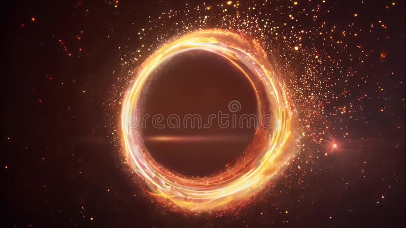Ring animation glowing with fiery plasma textures, particles dispersing dynamically stock illustration