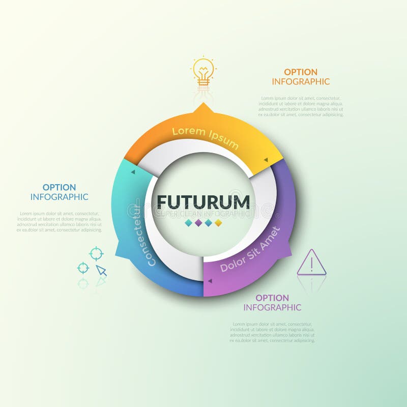Ring chart divided into 3 sectors with arrows pointing at thin line icons and text boxes. Futuristic infographic design vector illustration
