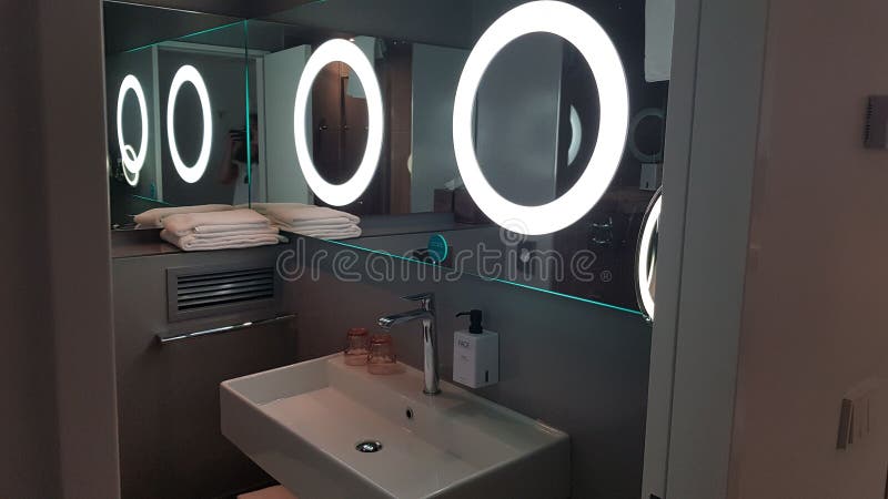 Ring Light Vanity Mirror in a Modernly Decorated Bathroom Stock Image ...