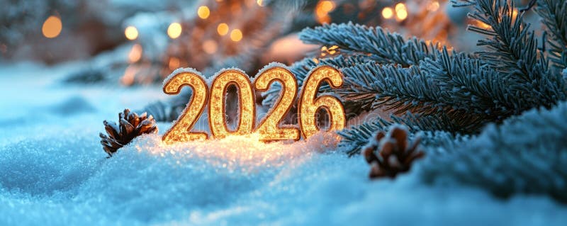 Ring in the new year of 2026 with an array of festive elements, including gold numbers, sparkling ornaments, pine cones stock photos