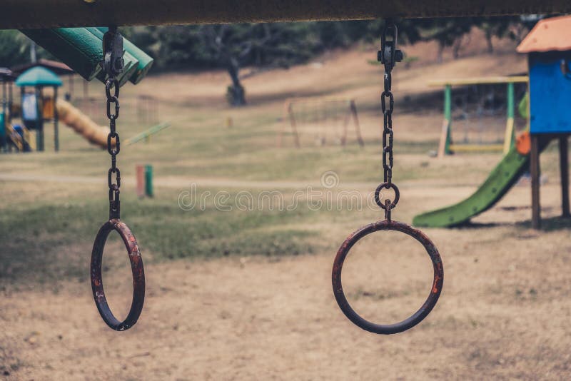 Rings Hanging on Climbing Frame Vintage Outdoor Playground Stock