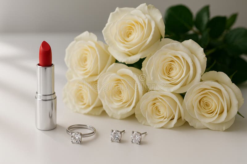 Ringörringar röda läppstift och blommor stock illustrationer