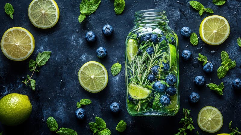 Rinnovo di ingredienti per bevande presentati in forma artistica illustrazione vettoriale