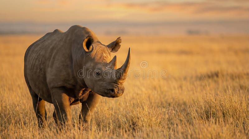 Rinoceronte-negro em perigo na relva dourada ilustração stock