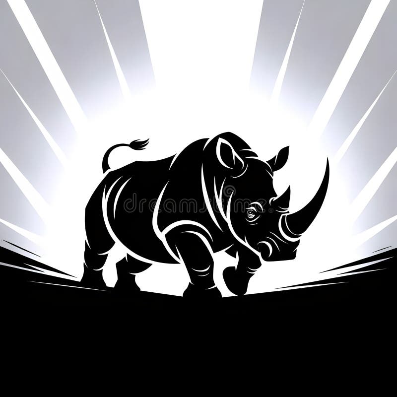 Rinoceronte-negro poderoso a avançar com efeito de explosão solar dinâmica, simbolizando força e resiliência ilustração do vetor