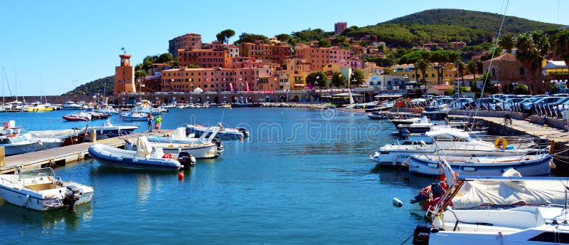 Rio Marina town, Elba island, card, Italy