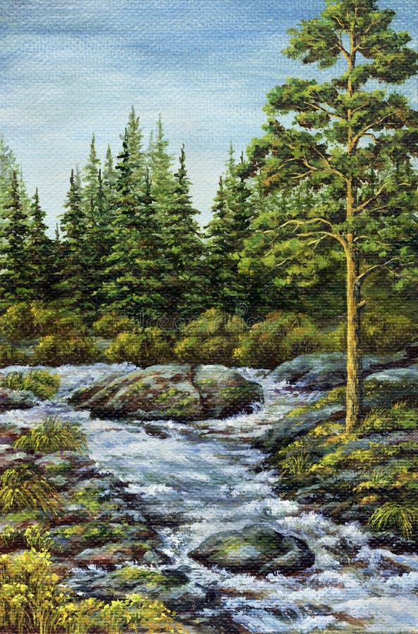 Picture oil paints on a canvas, landscape: the mountain small river. Altai, Russia. Picture oil paints on a canvas, landscape: the mountain small river. Altai, Russia