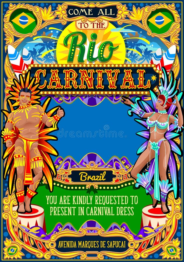 Rio plakata ramy Brazylia Carnaval maski przedstawienia Karnawałowa parada royalty ilustracja Rio plakata ramy Brazylia Carnaval maski przedstawienia Karnawałowa parada royalty ilustracja