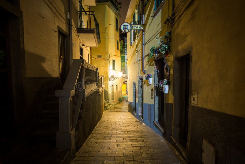 Riomaggiore alleyway przy nocą obrazy royalty free Riomaggiore alleyway przy nocą obrazy royalty free