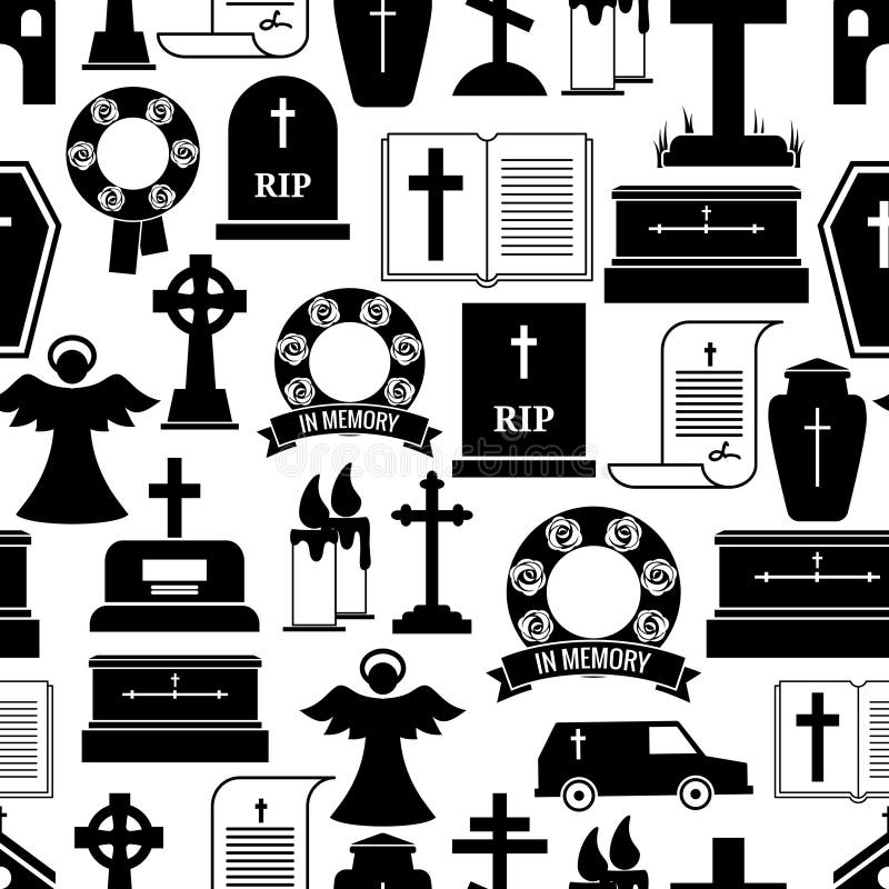 RIP and funeral background pattern. Black silhouettes of tombstones, crosses, candles, urns on a white background. Vector illustration