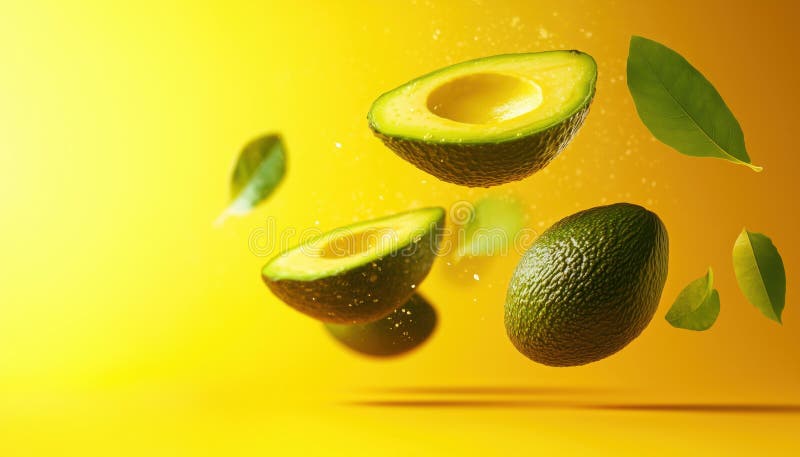 Ripe Avocado med fallande blad royaltyfri illustrationer