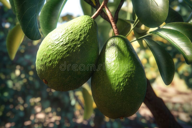 Ripe avocado på träd från en plantering i ett tropiskt område. Illustration. Generativ AI stock illustrationer