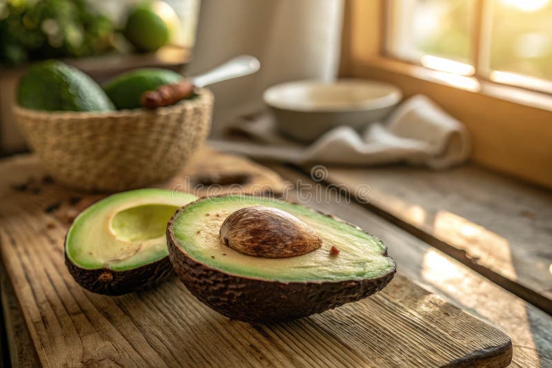 Ripe avocado, skuren till hälften, avslöjad med köksbakgrund och solljus stock illustrationer