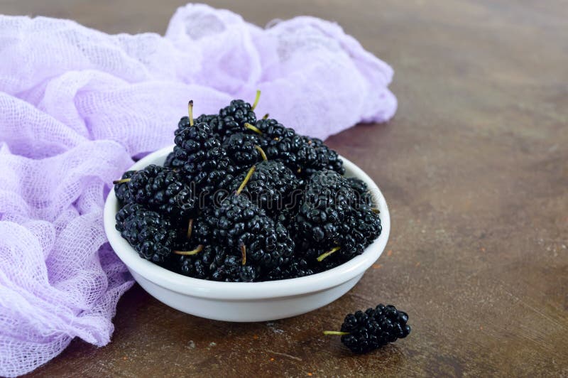Ripe black mulberry in a bowl stock photos