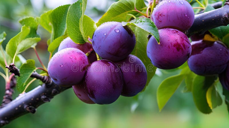 Ripe blue purple plums and green leaves on branch. Generative AI