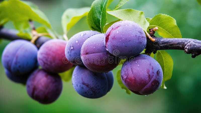 Ripe blue purple plums and green leaves on branch. Generative AI