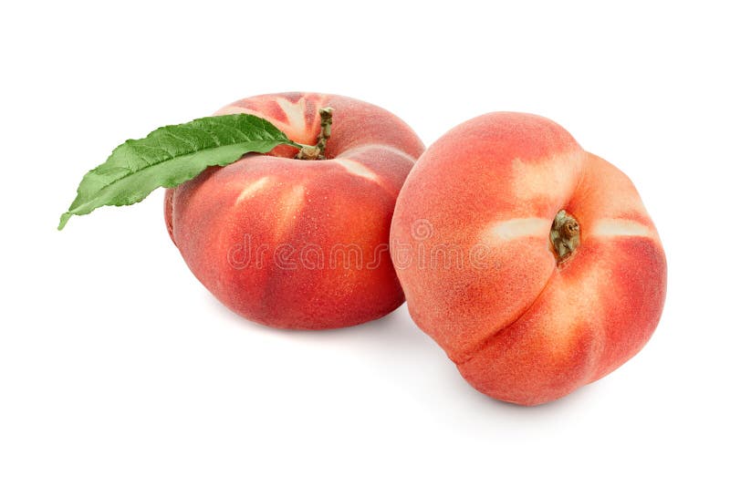 Ripe chinese flat peach fruit with leaf isolated on white background