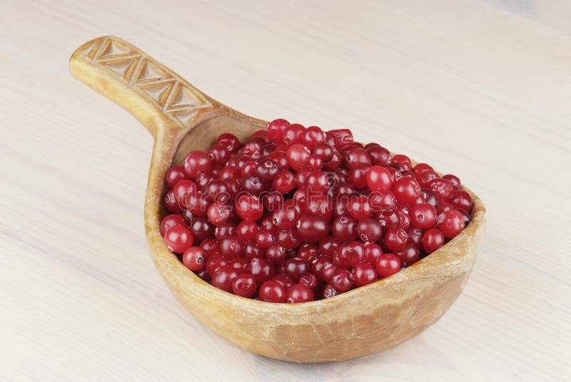 Ripe cranberry in wooden bowl