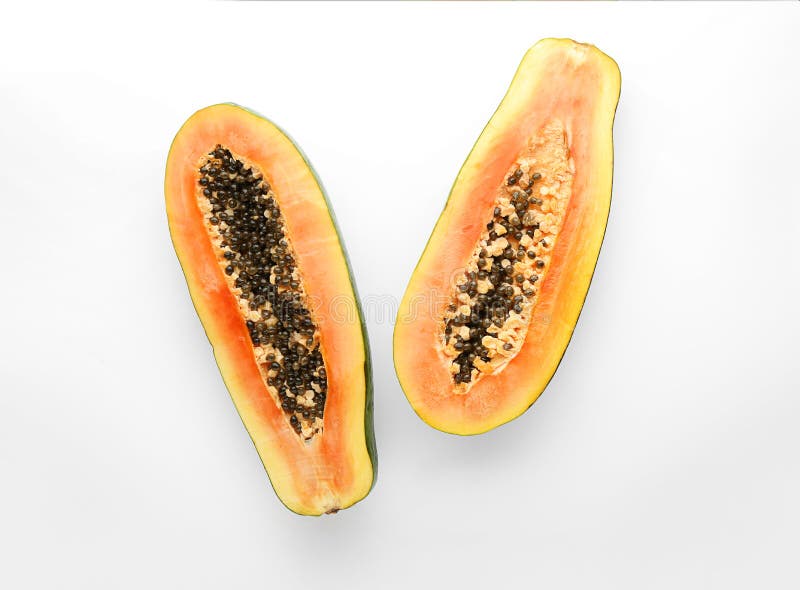 Half of Papaya with Dripping White Liquid on Color Background. Erotic