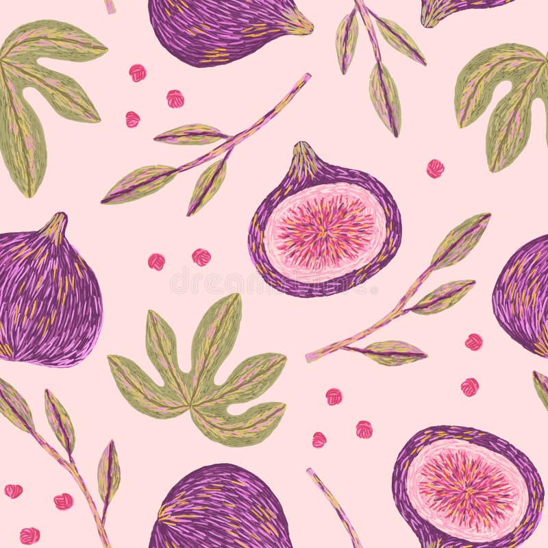 Ripe Figs and Leaves Embroidery. Seamless Pattern Stock Illustration