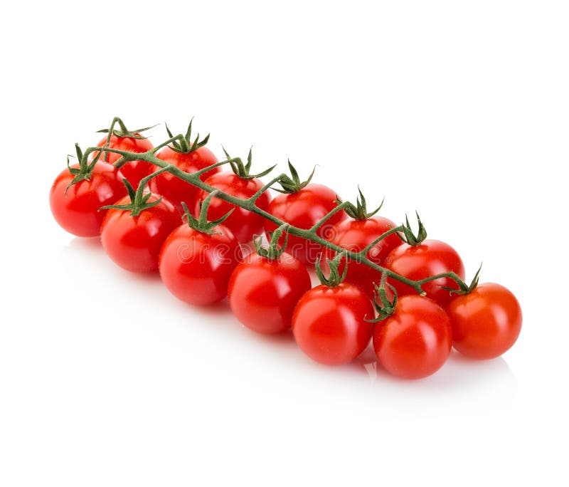 Ripe fresh cherry tomatoes on branch isolated on white background.