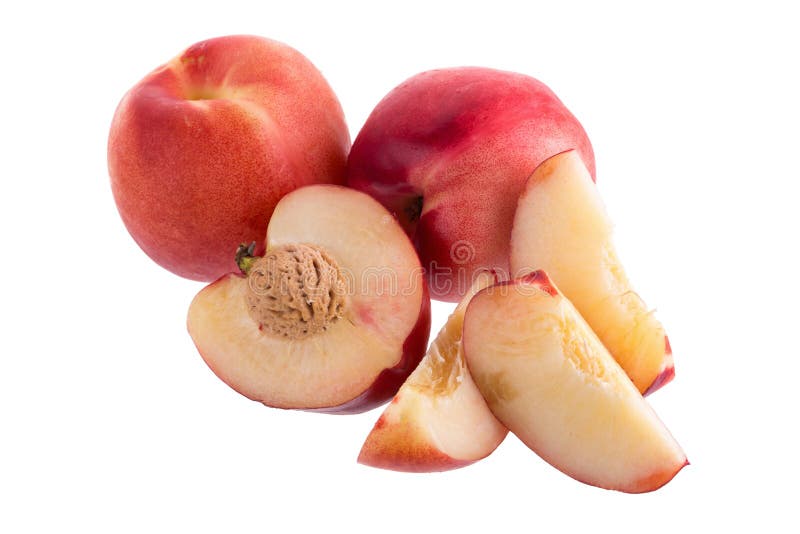 Ripe Fresh Nectarine Fruit with Half and Slice Isolated on Whit Stock