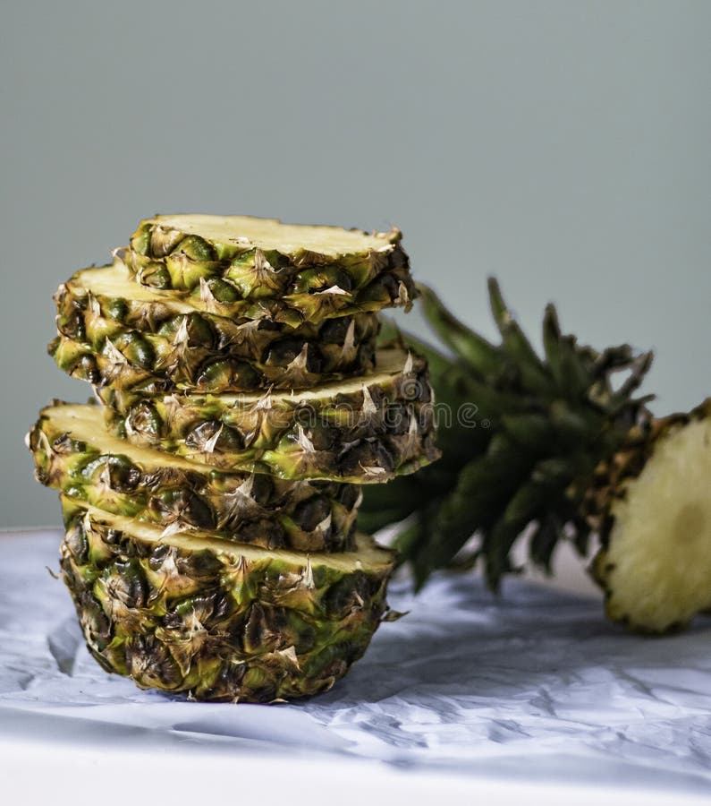 Ripe Fresh Pineapple Closeup with Leaves. Tropical Stock Photo Image