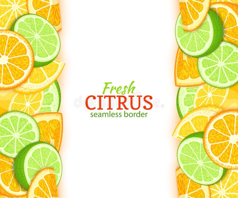 Ripe lemon orange lime vertical seamless border. Vector illustration card with composition Juicy fresh fruits slice