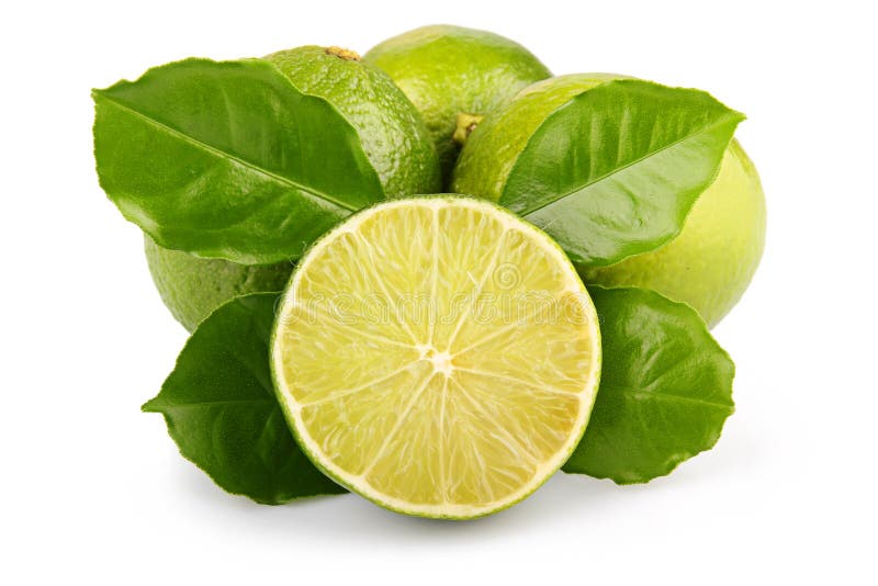 Ripe lime fruits with green leaves isolated