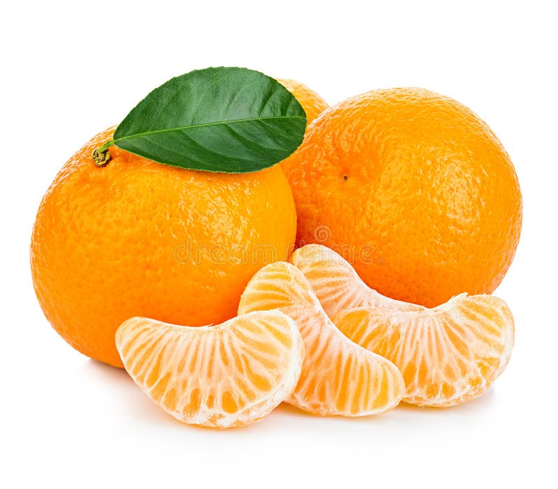 Ripe mandarin with leaf close-up on a white background. Tangerine orange with leaf on a white background.