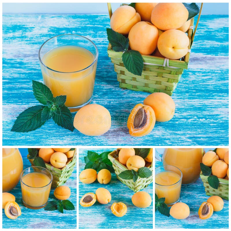 Ripe orange apricots in the basket with leaves of mint and glass of juice