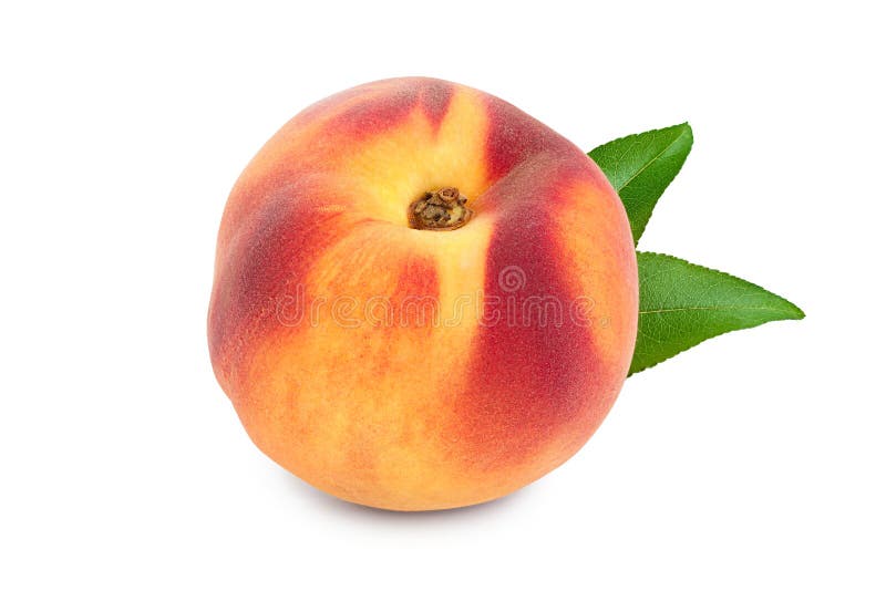 Ripe peach fruit with leaf isolated on white background