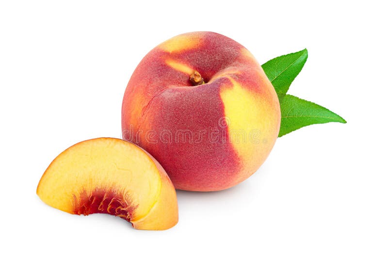 Ripe peach fruit and slice with leaf isolated on white background