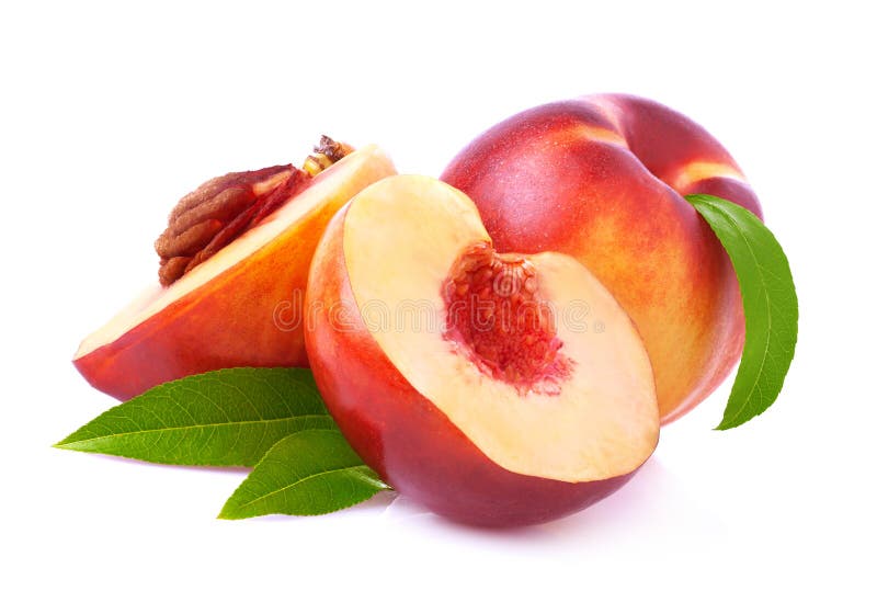 Ripe peach with leaf.