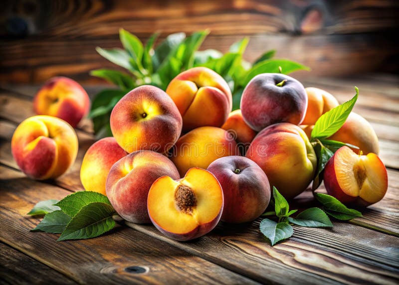 Ripe Peaches на деревянном столе Rustic Летняя жизнь натюрморта идеально подходит для домашнего приготовления и летом иллюстрация вектора