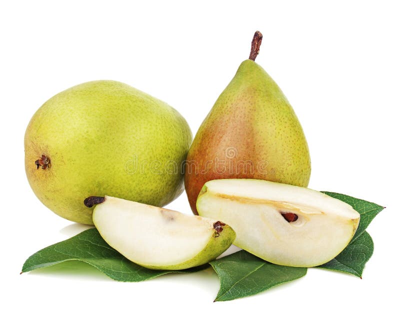 Ripe pear with cut and green leaves isolated on white background stock images Ripe pear with cut and green leaves isolated on white background stock images