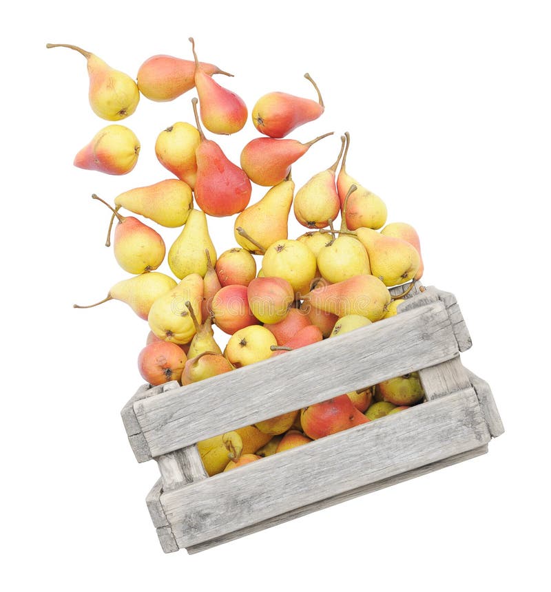 Ripe pears in a box.