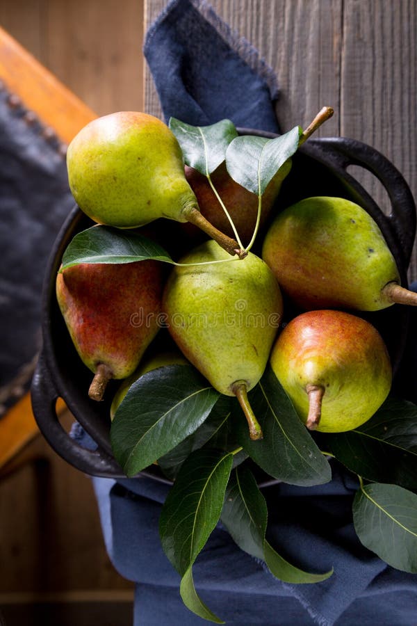 Ripe pears with green pear leaves on a wooden table. Harvest concept royalty free stock images Ripe pears with green pear leaves on a wooden table. Harvest concept royalty free stock images